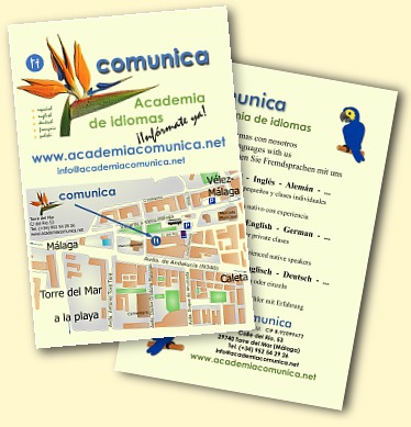 Folleto de doble cara con informaci�n corto sobre los srvicios, logotipo, direcci�n, mapa para la academia comunica, escuela de idiomas en Torre del Mar en la Costa del Sol.